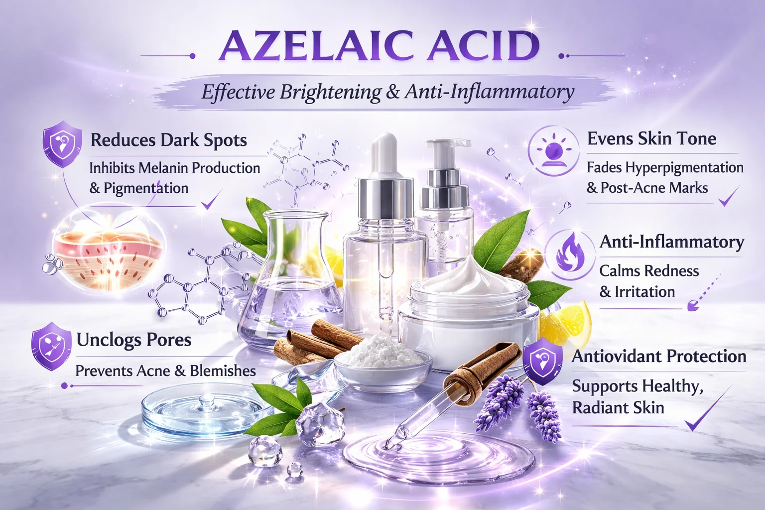 Azelaic acid skincare infographic highlighting benefits like reducing dark spots, evening skin tone, anti-inflammatory properties, and antioxidant protection.